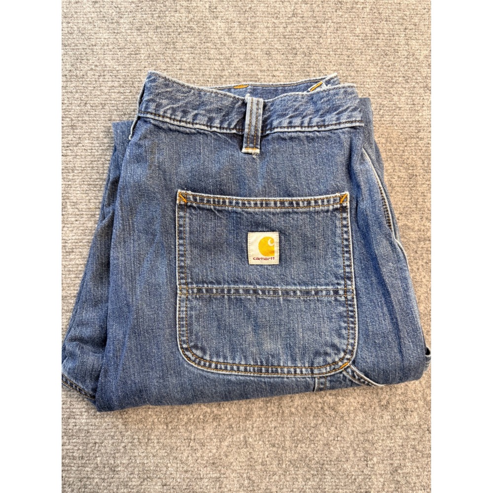 Carhartt Mens 36x34 Blue Denim Loose Fit Double Front Carpenter Workwear Jeans